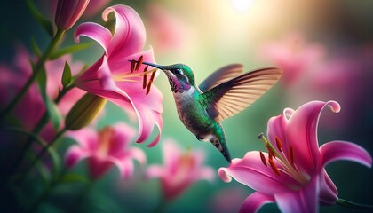 Naklejka premium A hummingbird sips nectar from a vibrant pink lily.
