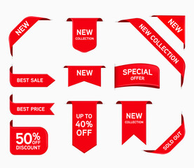 Set of Red label ribbon, tags and badges. Vector illustration.