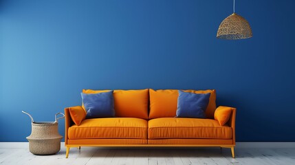Modern living room interior with basket, orange sofa and standard lamp near blue wall