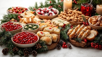 A festive holiday dessert spread showcasing a variety of sweets and snacks, beautifully arranged with seasonal decorations