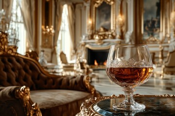 Crystal glass of cognac placed on a small table in a richly decorated palace setting, embodying luxury and relaxation