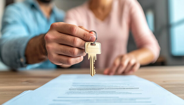 Excited to rent new home, this moment captures joy of receiving keys and signing important documents