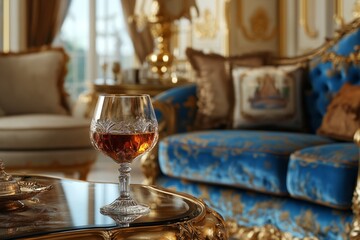 Obraz premium Crystal glass of cognac sits on a golden table in a luxurious living room, embodying opulence and relaxation