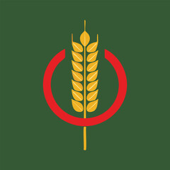 Wheat ear symbol with red circle, green background. Symbolizes agriculture, harvest