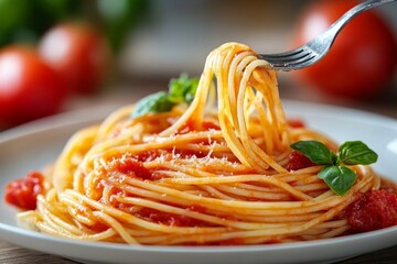 Delicious spaghetti with tomato sauce, basil and grated cheese, being lifted with a fork