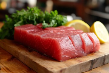 Fresh, raw tuna fish fillet slices, garnished with lemon and greens, are presented on a wooden cutting board, ready for preparation