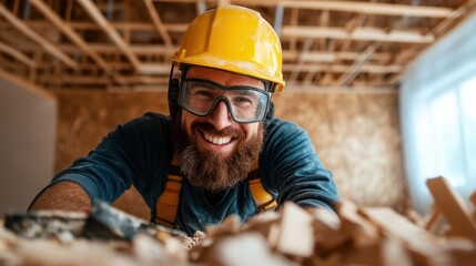 A cheerful construction worker in a hard hat poses with a bright smile amid wood debris, emphasizing safety gear and a positive work environment in construction projects.