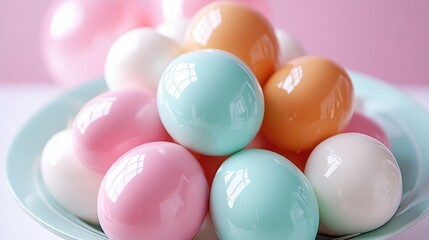 A vibrant collection of pastel-colored eggs beautifully arranged on a plate, capturing the essence of creativity, celebration, and spring festivities in a visually appealing manner.