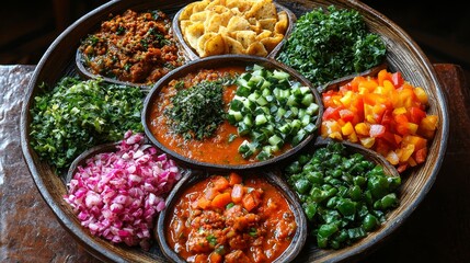 Fototapeta premium A vibrant assortment of Indian chutneys, fresh vegetables, and snacks displayed in a traditional serving platter