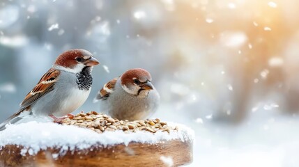 Two adorable sparrows perched on a snow-covered wooden bowl filled with seeds, capturing the essence of winter charm and the beauty of nature's resilience amid the cold.