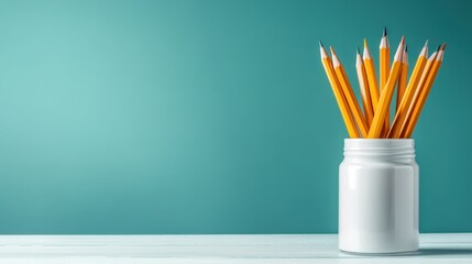 An artistic composition of yellow pencils housed in a sleek white container against a bright turquoise backdrop, evoking feelings of enthusiasm, creativity, and fresh ideas for any project.