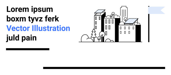Small cityscape with buildings, trees, and solar panels showcasing eco-friendly energy. Ideal for sustainability themes, technology, real estate, environment, green energy, urban planning simple