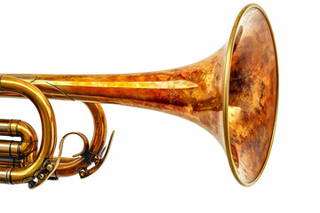 Obraz premium Detailed Close Up of a Brass Trumpet with Gold Finish Isolated on White Background Musical Instrument Showing Fine Craftsmanship and Ornate Details
