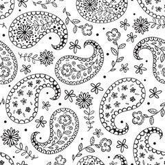 Black and white floral paisley seamless pattern design