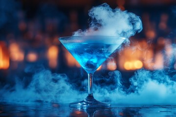 Blue martini cocktail glass with smoke on bar counter in nightclub