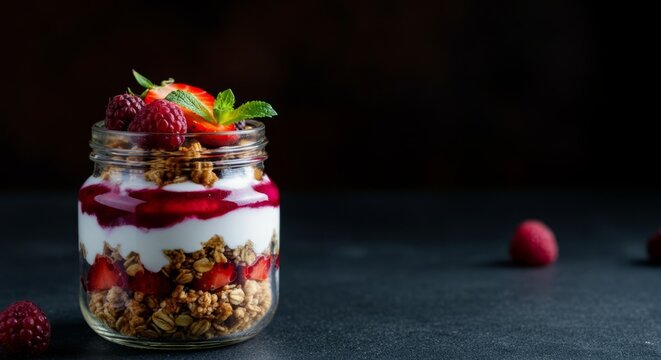 Healthy strawberry and raspberry parfait in a jar with granola and yogurt
