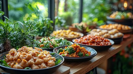 Fototapeta premium A vibrant buffet display featuring a variety of delicious Asian-inspired dishes surrounded by lush greenery