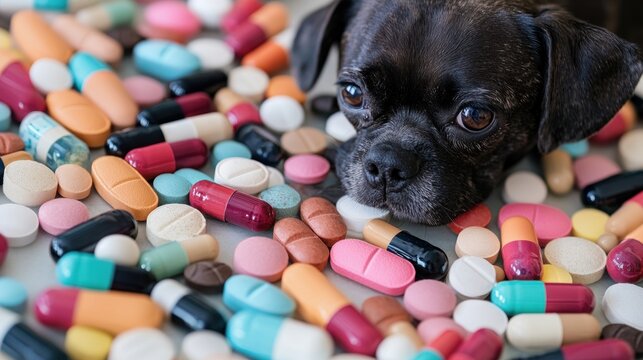 Dog medication insights at animal clinic detailed close-up professional photography veterinary environment