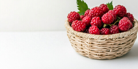Fresh red raspberries in a woven basket on a white table with soft natural light