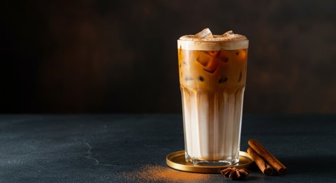Iced coffee latte with cinnamon on dark background