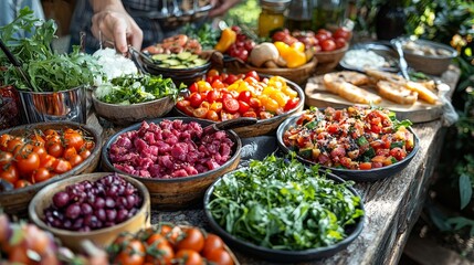 Fototapeta premium A vibrant selection of fresh vegetables and salads beautifully arranged at an outdoor market gathering