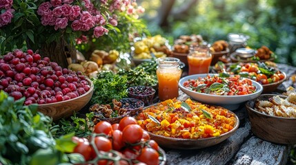 An abundance of fresh, vibrant garden produce elegantly arranged on a rustic table in a lush outdoor setting.