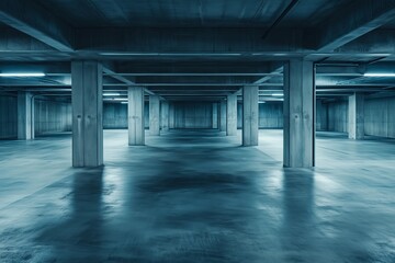 The basement room on the bottom floor of the building's parking lot is empty in an industrial cast concrete style. Abstract modern minimal background