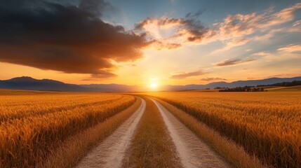 A winding path cuts through vast wheat fields under an expansive sky at sunset, showcasing the beauty and serenity of rural landscapes in an idyllic setting.