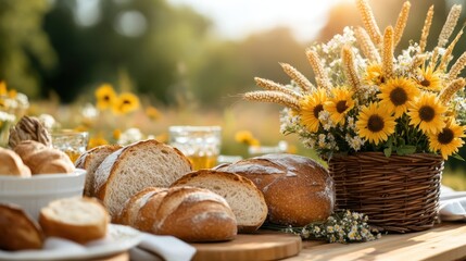 A charming rustic outdoor gathering featuring freshly baked bread and vibrant sunflowers, creating a warm, inviting atmosphere that evokes feelings of joy and community.