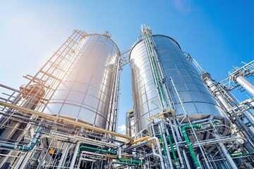 Large industrial metal silos with pipelines and supporting structures on a bright blue sky background. Concept of manufacturing, storage, and industry. Ai generative