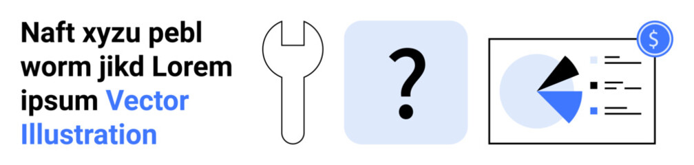 Wrench for tools, question mark in blue square, pie chart with financial icon. Ideal for tech support, analytics, problem-solving, data analysis, decision-making, finance simple landing page