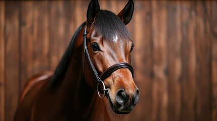 A stunning close-up portrait of a horse against a natural wooden backdrop, showcasing its beauty and grace, capturing the elegant spirit of these magnificent creatures in detail.