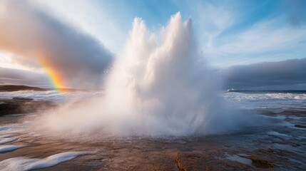 A captivating image of majestic waves crashing on rocky shores, under a dramatic sky with a rainbow, presenting the raw power of nature and the beauty of oceanic events.