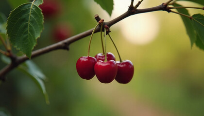 Obraz premium Ripe cherries hanging on a branch in a lush garden, Red juicy cherries, Cherry picking 