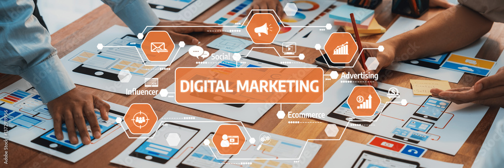 Leinwandbilder comprehensive digital marketing strategy development process with collaborative teamwork and technol