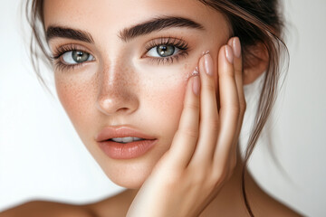 woman with green eyes and a light brown face. She is wearing a pink lipstick and has her hands on her face