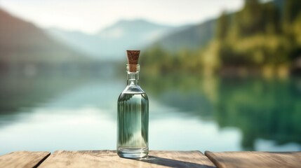 High-end advertising concept, transparent glass bottle with clear water, blurred nature setting with large text space, glass bottle filled with clean water on a natural background