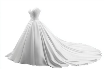 White long wedding dress isolated on white background. Bridal fashion and elegance clothing style, woman female person in marriage, bride beauty, full body, girl, mock up