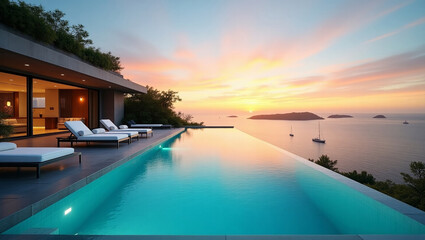 Fototapeta premium Luxury villa with infinity pool overlooking the ocean during a vibrant sunset. A tranquil and scenic retreat for relaxation and leisure.