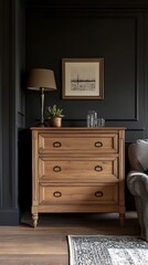 Wooden chest of drawers in a stylish modern living room interior