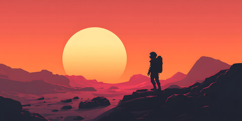 Obraz premium Solitary Astronaut on Alien Planet at Sunset