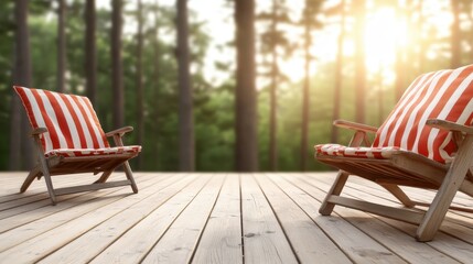 Two beautifully striped wooden chairs nestled in a tranquil forest, providing a perfect spot for retreat and reflection amidst nature's alluring beauty and calming shades.