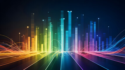 Data Symphony: A mesmerizing visual representation of data in vibrant colors, forming abstract cityscape of information against a backdrop of radiant light and ethereal glow.