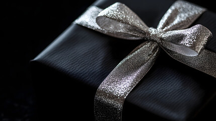 An elegant black gift wrapped in textured paper, with a beautiful silver ribbon accentuating its luxury appeal.