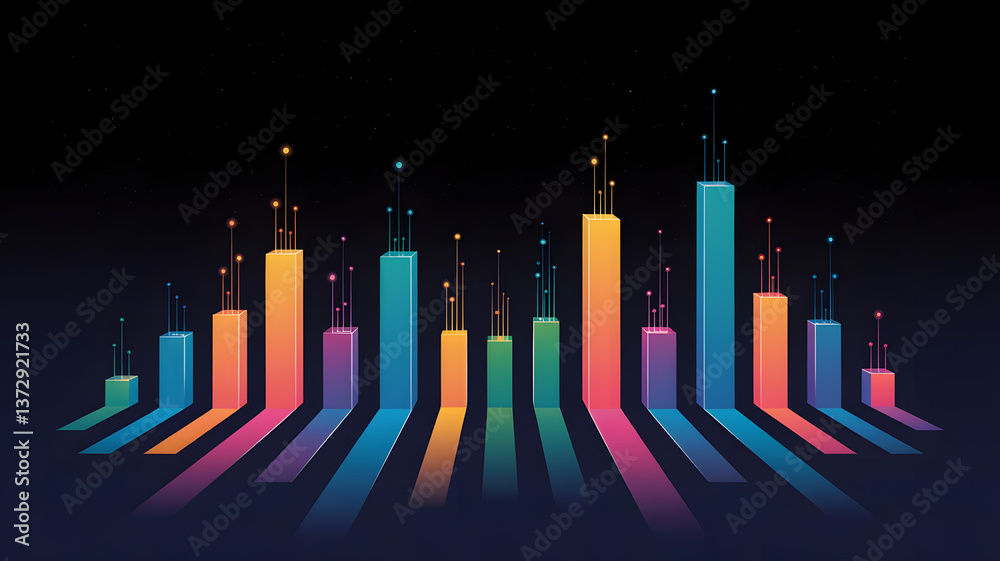 Poster vibrant data visualization: a dynamic digital representation of data trends, using a colorful and mo
