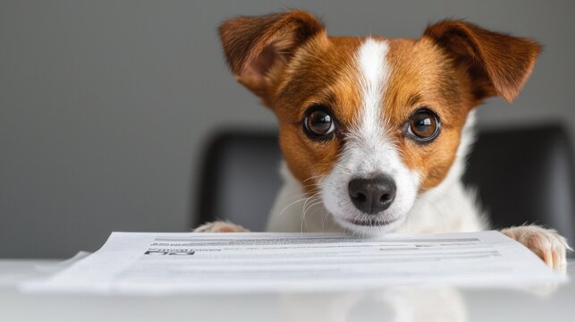 Pet owner reviewing insurance documents at animal clinic indoor setting close-up perspective for pet care