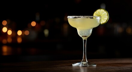 Classic margarita cocktail with lime on wooden bar surface
