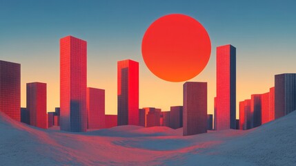 Obraz premium Surreal cityscape with geometric buildings under a vibrant sunset sky