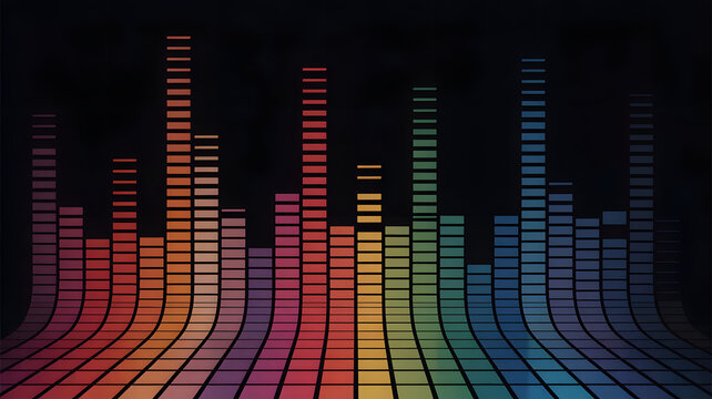 Sound Spectrum Symphony: A vibrant display of sound waves, captured as colorful equalizer bars dancing against a dark background. Evoking the dynamism of sound, creating a visual symphony.