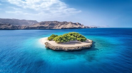 Idyllic tropical island surrounded by turquoise ocean, perfect for summer vacations and eco-tourism getaways, peaceful remote paradise scene